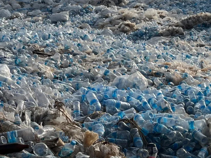 Piles of scrap PET bottles as raw material input.